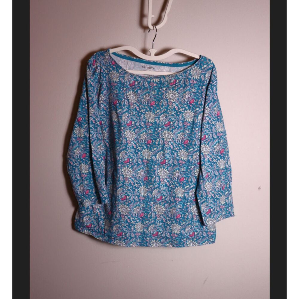Talbots Blue Floral 3/4 Sleeve Cotton Stretch Top XL